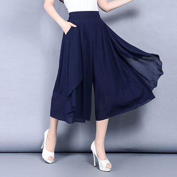 

chiffon skirt summer loose women pant thin wide leg high waist casual elegant large size 6xl 351, Black;white