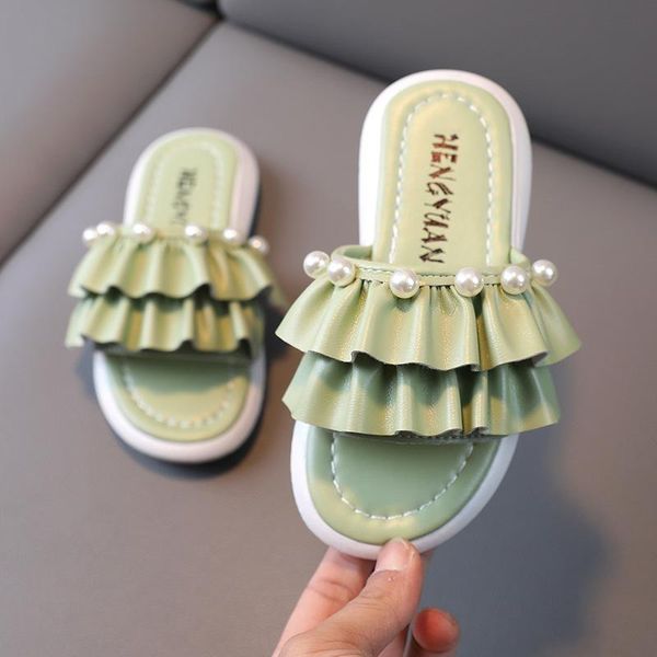 

slipper one-word slippers summer 2021 children' pearl lace girls outer wear sweet sandals flats casual cute ruffle, Black;grey