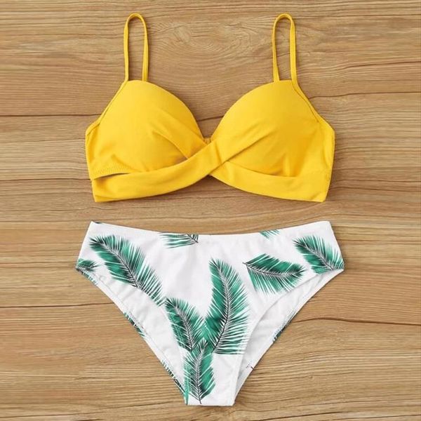 

women's fashion swimwear leaf print split bikini yellow plus size set two pieces swimsuit, White;black