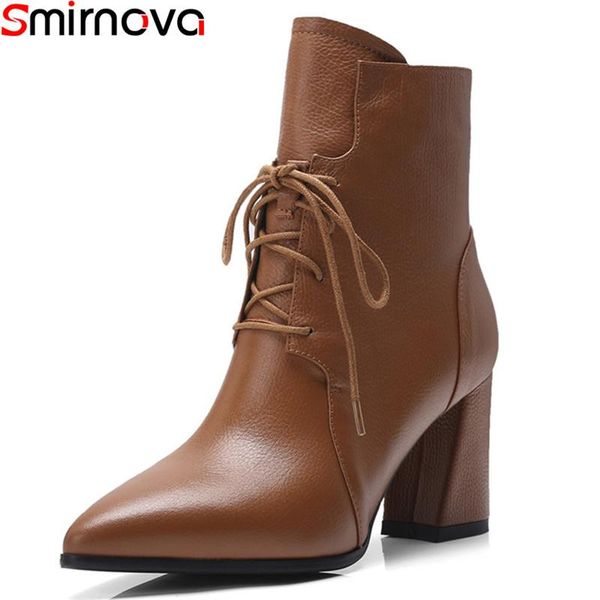 

boots smirnova arrival 2021 ankle brown black .5cm thick heels pointed toe cow leather women winter shoes