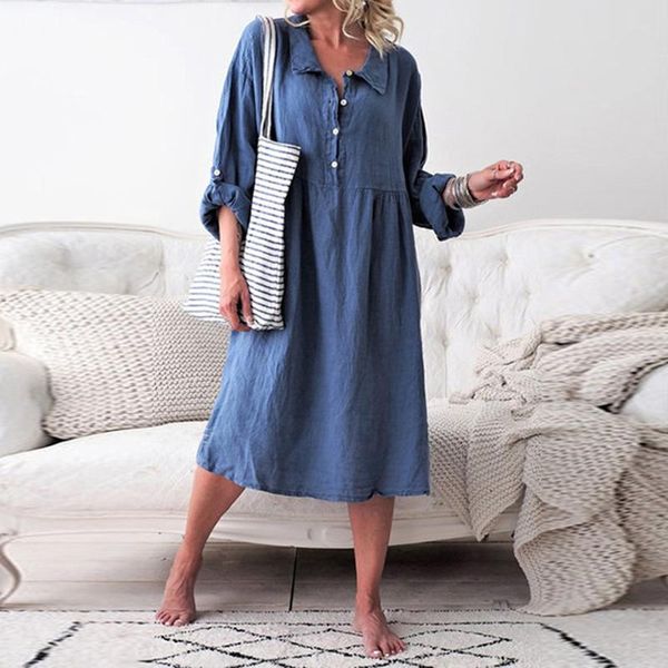 

casual dresses arrival autumn comfy cotton linen midi dress solid color women turn-down collar button up female vestido, Black;gray
