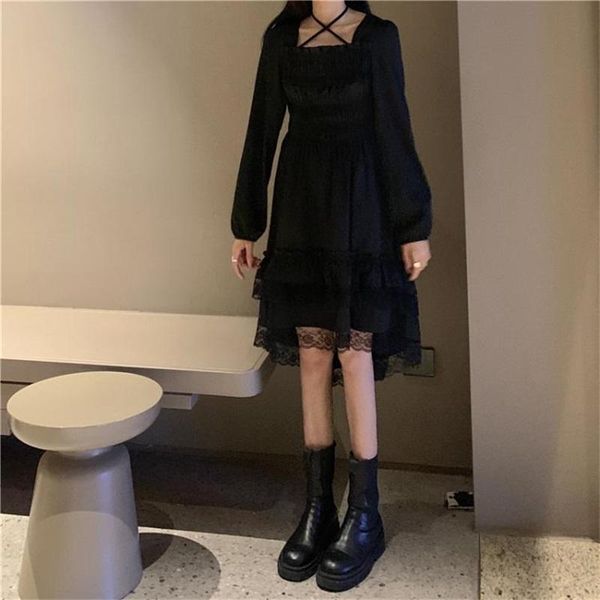 

casual dresses gothic women lolita dress autumn cute kawaii girl lace ruffle party square collar princess black fairy irregular, Black;gray