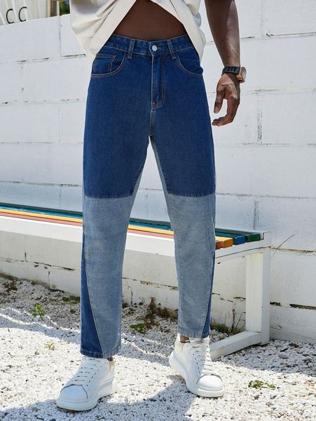 

men high waist two tone straight leg jeans 88c9#, Blue