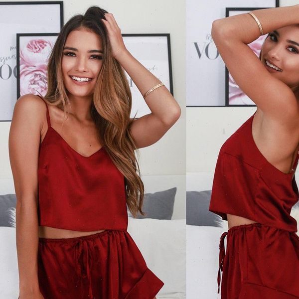 

casual loungewear pajamas womens sleepwears silk satin strappy crop chemise shorts loose wine red nightwear sets, Black;red