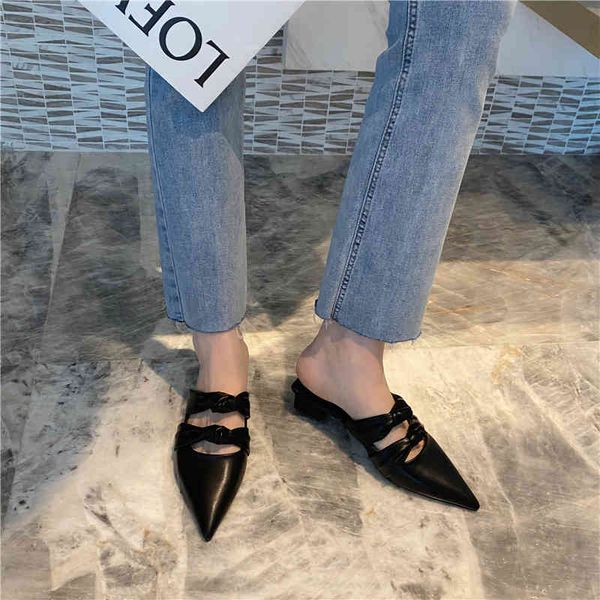 

pointed toe fashion women sandals slippers slip on square low heeled solid color summer beach shoes woman bow design size 35-39 210513, Black
