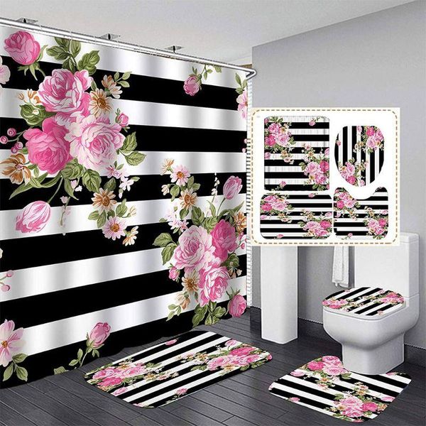 

bath accessory set 4pcs/set shower curtain floor mat u shape toilet lid cover waterproof polyester bathroom rugs