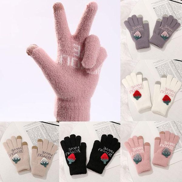 

five fingers gloves autumn and winter women touch screen cat pattern warm split finger with fleece outdoor cold-proof full-finger, Blue;gray