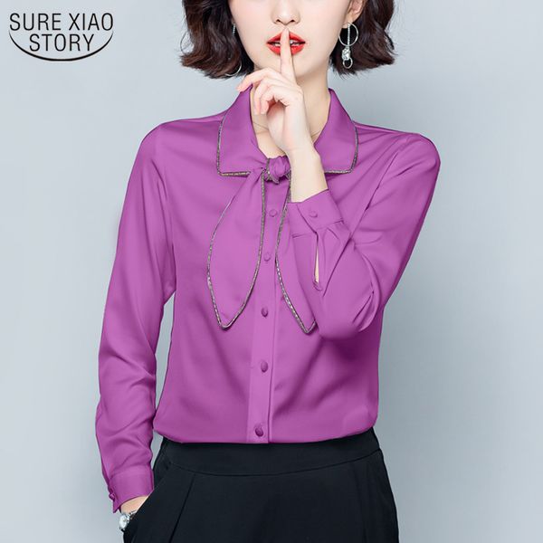 

autumn bow-neck vintage single-breasted shirt plus size women 4xl silk long sleeve solid fashion blouses 10565 210508, White