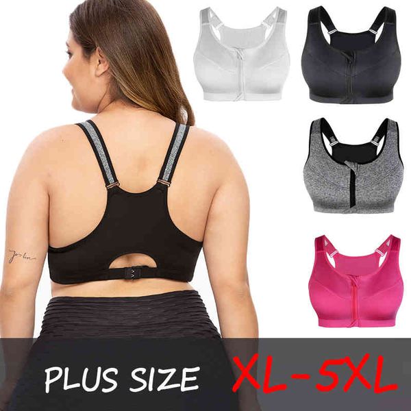 

sexywg plus size women zipper sports bra underwear shockproof push up gym fitness athletic running yoga bh sport 5xl, Gray