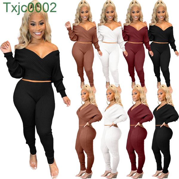 

women two-piece set designer tracksuits 2022 spring solid color pit bar thread deep v-neck off shoulder long sleeve trousers ladies suit 4 c, White