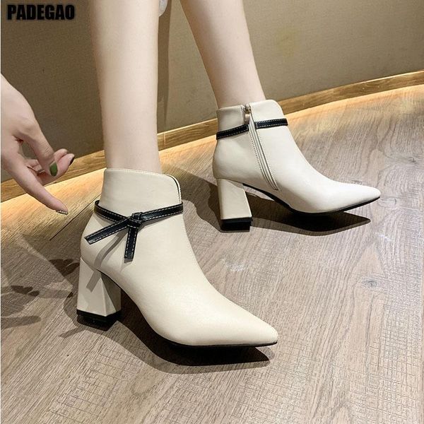 

boots autumn winter thick heel pointy bowknot short female side zipper matching color high fashion boot, Black