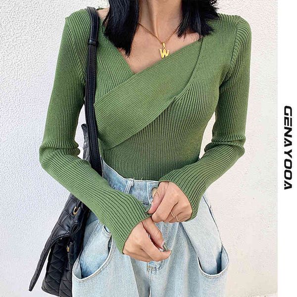 

genayooa knitted spring autumn asymmetrical neck long sleeve women t shirt korean style vintage knit t-shirt 210417, White