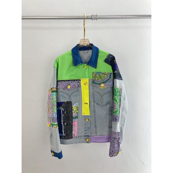 

1.16 spring summer fashion vintage print patchwork cotton denim jacket coat women women's jackets, Black;brown