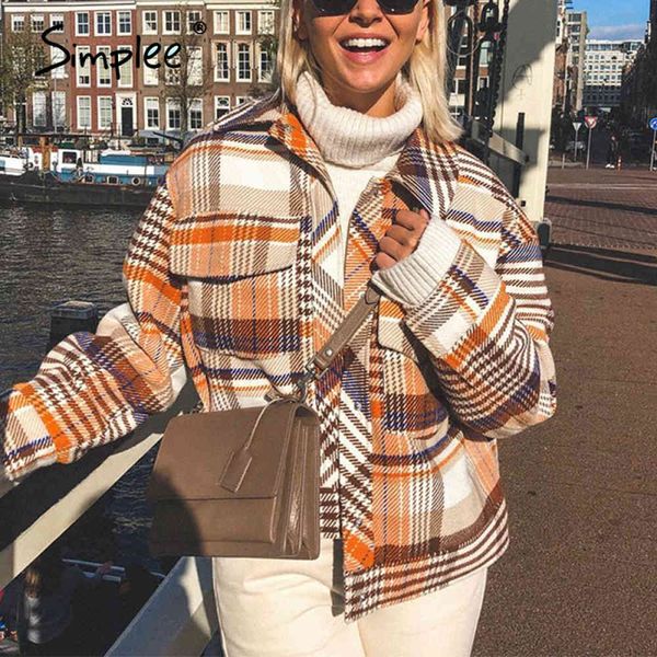 

single breasted women plaid jacket long sleeve casual autumn outwear female streetwear oversize ladies coat 210414, Black;brown