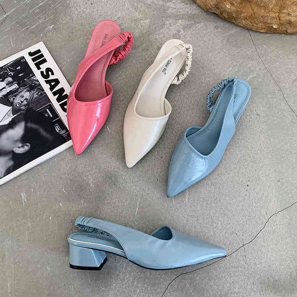 

slippers fashion women sandals pointed toe back strap slides thick mid heeled white/blue/pink dress shoes elegant size 39 gw4z, Black