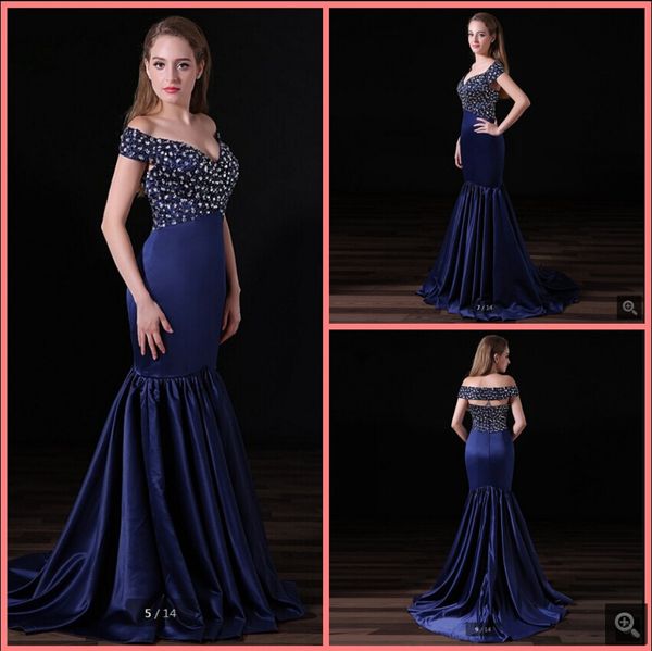 

sparkling beaded crystals navy blue mermaid long dresses off the shoulder elastic satin simple elegant prom party gowns v neckline court tra, Black