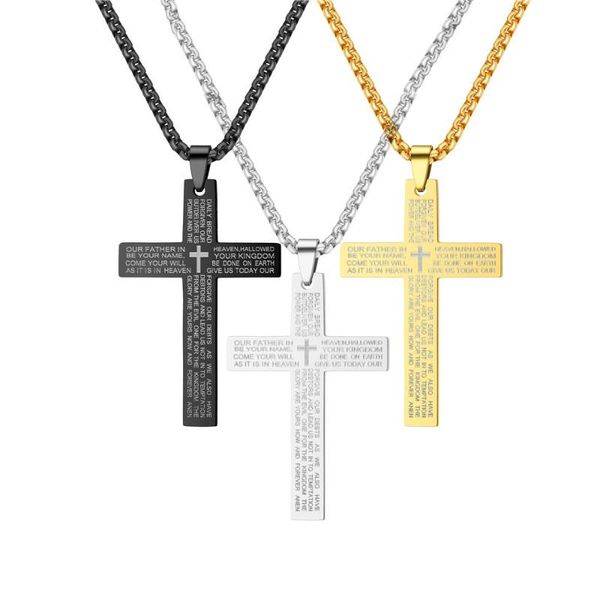 

chains fashion vintage gothic christian cross pendant gold black jesus scripture prayer stainless steel men necklace religious jewelry, Silver