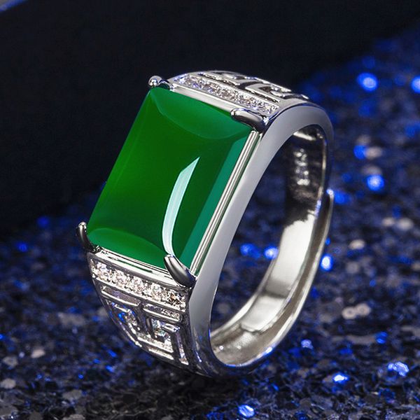 Anelli vintage con pietre preziose, giada verde, smeraldi, diamanti, anelli per uomo, gioielli bague, accessori per anillo, oro bianco, argento