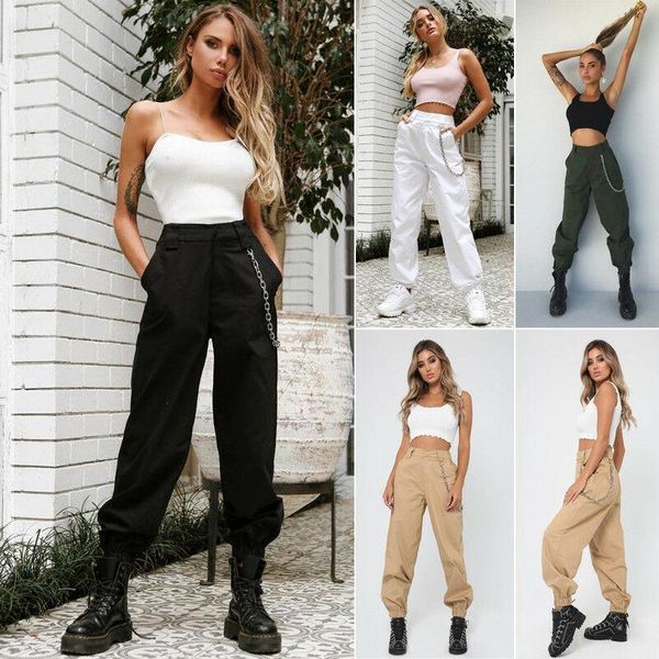 

women's pants & capris women casual jogger dance sport baggy slacks trousers ladies fashion high waist chain hip- combat cargo solid, Black;white