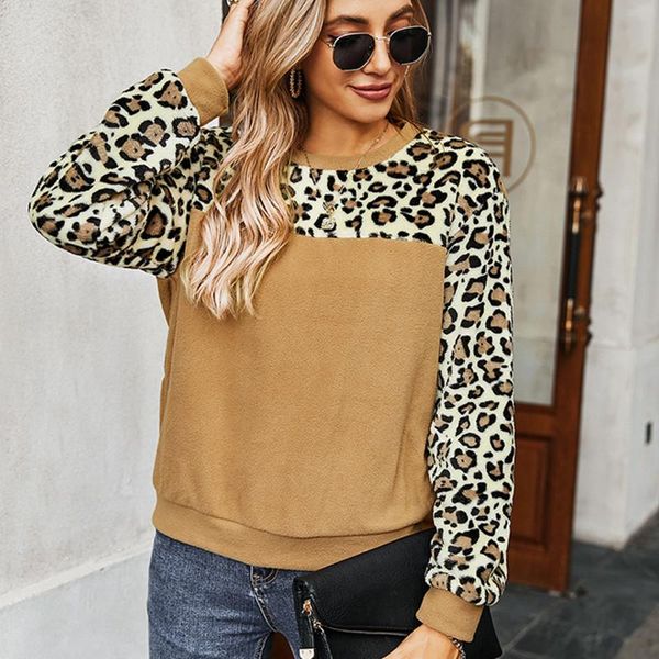 

women's hoodies & sweatshirts winter fleece warm hoodie for women office lady o-neck korean leopard print female sweatshirt patchwork, Black
