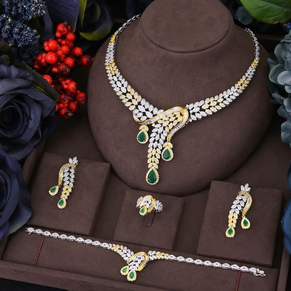 

earrings & necklace godki bicolor african 4pcs bowknot statement jewelry set for women wedding full cubic zircon dubai bridal, Silver