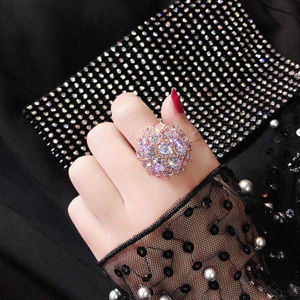 

cluster rings luxury big full zircon stone ring female engagement vintage party wedding band crystal flower for women, Golden;silver