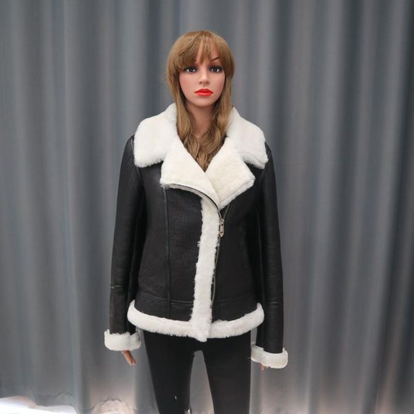 

women's fur & faux 2021 winter thick warm leather jacket one coat quality sheepskin female motorcycle, Black