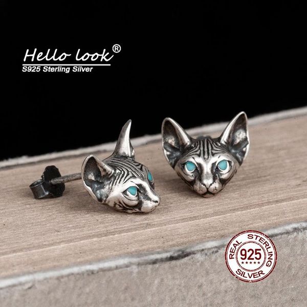 

stud hellolook blue eyes cat earrings 100% 925 sterling silver ear studs gothic piercing earring jewelry not allergic, Golden;silver