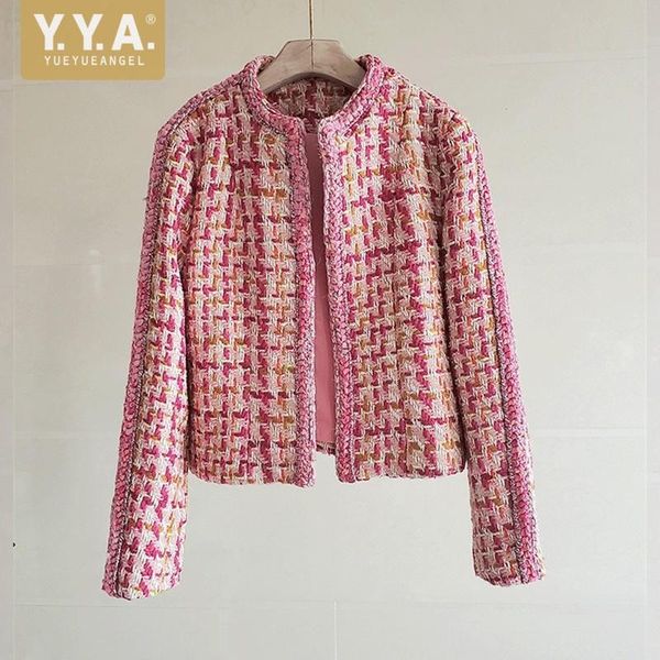

women's jackets women tweed jacket sweet pink long sleeve o neck office ladies plaid slim fit short coat spring autumn fashion outerwea, Black;brown