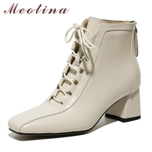 

real leather chunky heels short boots women shoes square toe high heel zipper lace up ankle autumn winter black 40 210517