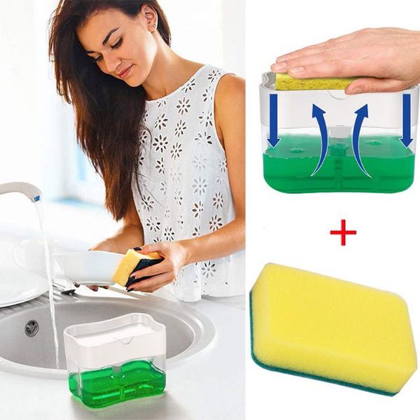 

2-in-1 manual press soap dispenser pumps sponge caddy creative kitchen liquid with washing sponges 13 ounces outdoor gadgets