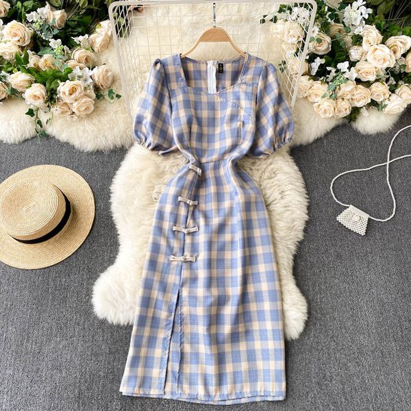 

two piece dress vintage plaid print puff sleeve summer women 2021 french style square collar slim waist split mid-calf female tren, White