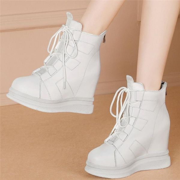 

boots 2021 fashion sneakers women lace up genuine leather wedges high heel ankle female round toe platform oxfords casual shoes, Black