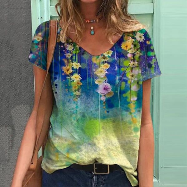 

women's sweaters plus size y2k graphic t-shirts women summer 3d flower print v-neck short sleeve tee shirts casual loose oversized t-sh, White;black