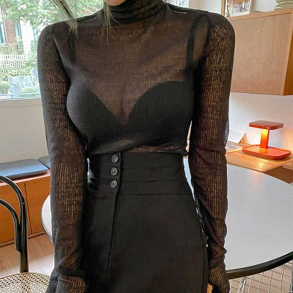 

womengaga spring t-shirt women's slim autumn clothes tight bottoming korea thin transparent u2z4 210603, White