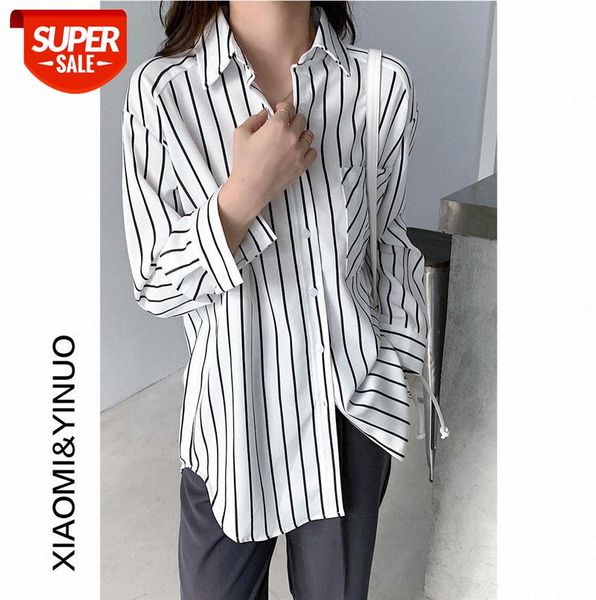

[ou fan] 6551 striped shirt women hong kong style retro temperament loose casual long-sleeved #xv4c, Black;gray