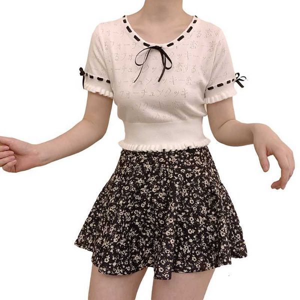 

women's t-shirt summer knitted women vintage hollow candy lace up t shirts female crop girls basic casual short sleeve pu, White