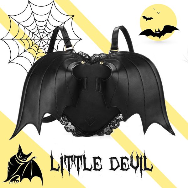

stylish wing backpack women punk bags cute little devil daypacks female bat bag angel wings backpacks, Black;red