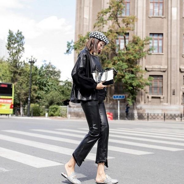 

women's leather & faux 2021 winter women short jacket sheepskin patchwork knit sleeve coat fashion loose real overcoats, Black