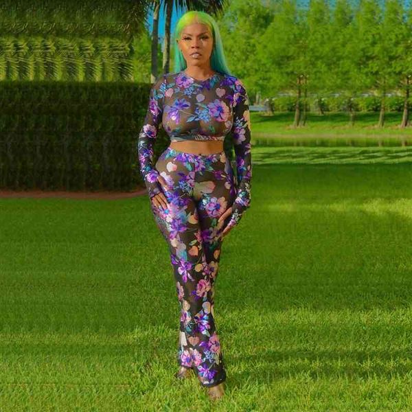 

nightclub wear women two piece sets 2021 spring floral printing o-neck crop high waist pants mesh see-through outfits, Gray