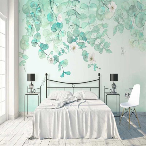 

custom mural wallpaper hand-painted small fresh leaves pastoral style sofa tv background wall painting wallpapers