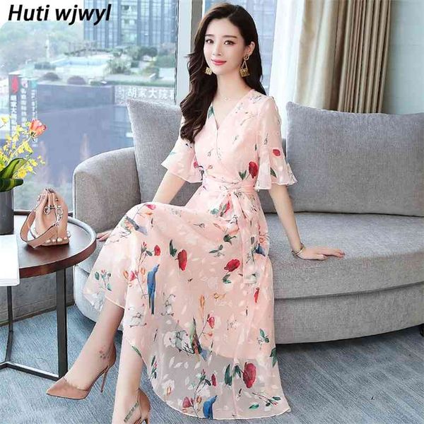 

spring summer vintage plus size floral chiffon sundress boho beach pink midi dress elegant women bodycon maxi vestidos 210528, Black;gray