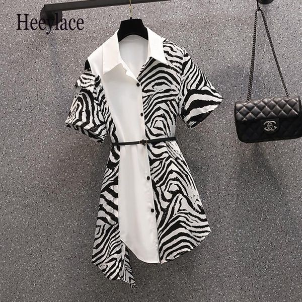 

plus size dresses office ladies shirt summer zebra patchwork off the shoulder turn down collar irregular short sleeve vestidos, Black
