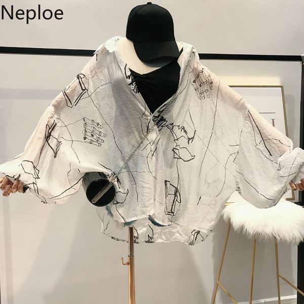 

neploe harajuku print women shirts summer 2021 turn-down collar batwing sleeve blouse loose sunscreen ladies 44659, White