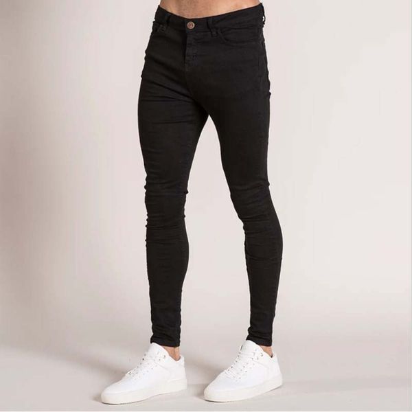 

autumn mens jeans elastic skinny solid color stretch pencil pants slim fit denim jeans jogging streetwear cowboy casual trousers, Blue