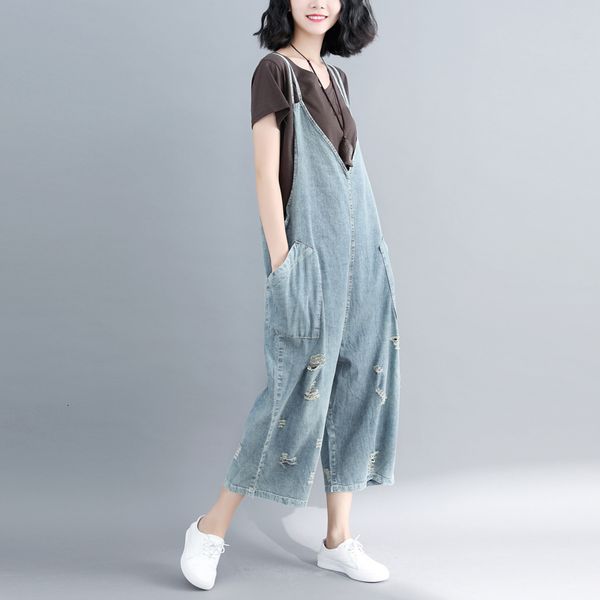 

women's jumpsuits & rompers boyfriend jeans for pockets denim ankle-length pants ripped hole overalls wide leg kiec, Black;white