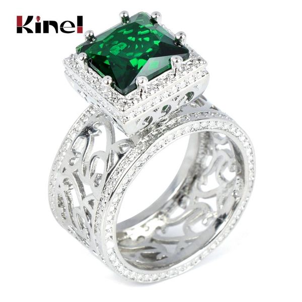 

cluster rings kinel luxury square green zircon bridal wedding fashion silver hollowed crystal pattern vintage engagement jewelry gift, Golden;silver
