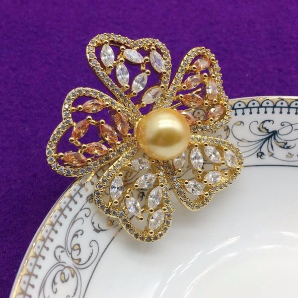 

pins, brooches zircon brooch women flower golden and pearl wedding bride decoration drop, Gray