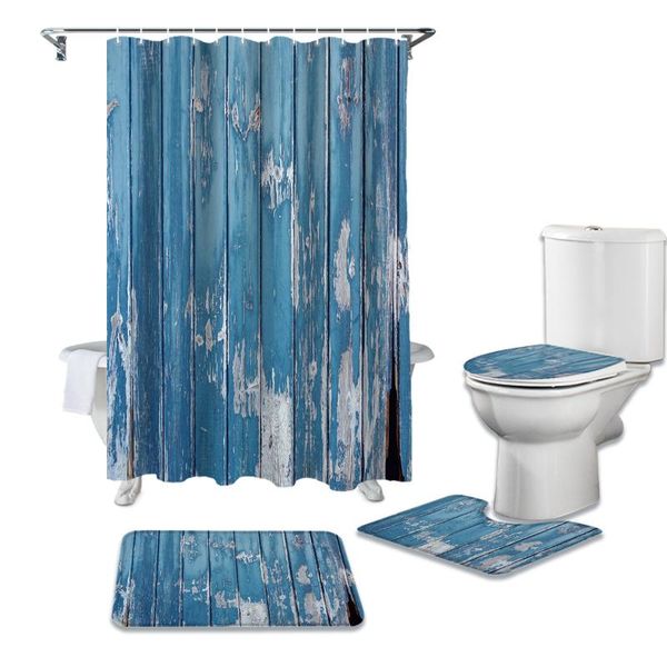 

shower curtains wood grain retro shabby curtain sets non-slip rugs toilet lid cover and bath mat bathroom set