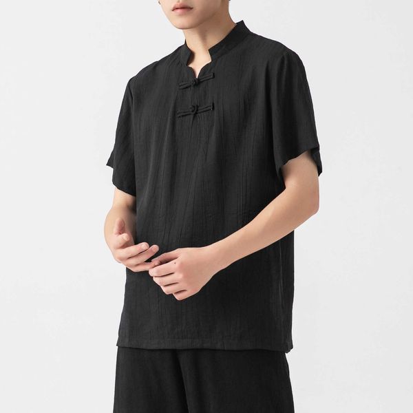 

linen chine style short sleeve t-shirt men's summer cotton hemp half trend large coil button loose v-neck men's, White;black